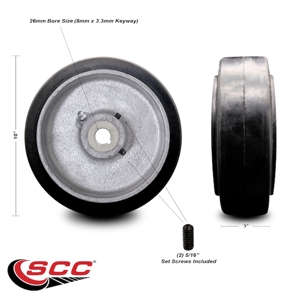 10" x 3" Rubber Tread on Cast Iron Keyed Drive Wheel - 26mm Bore-